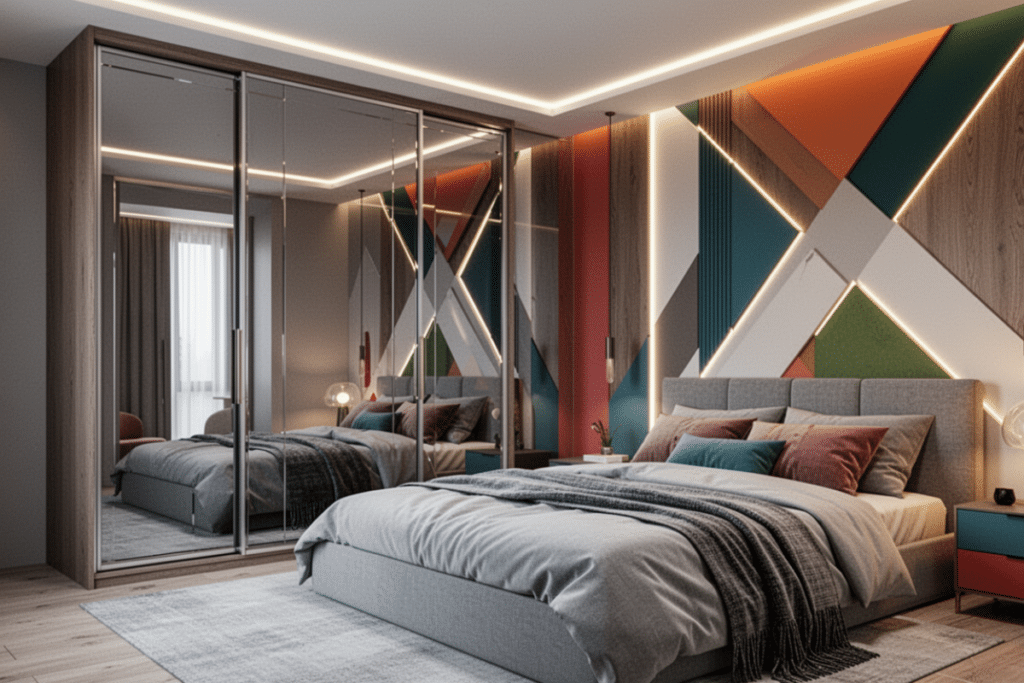 A modern bedroom featuring a large floor-to-ceiling mirrored wardrobe with sliding doors that reflects a geometric accent wall and a contemporary grey bed.