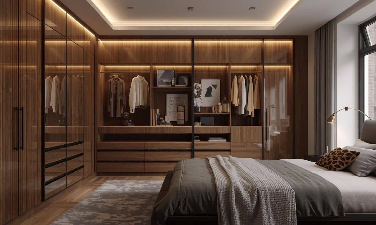 A grand, traditional bedroom featuring bespoke fitted furniture, including a floor-to-ceiling arched shelving unit and integrated cabinetry.