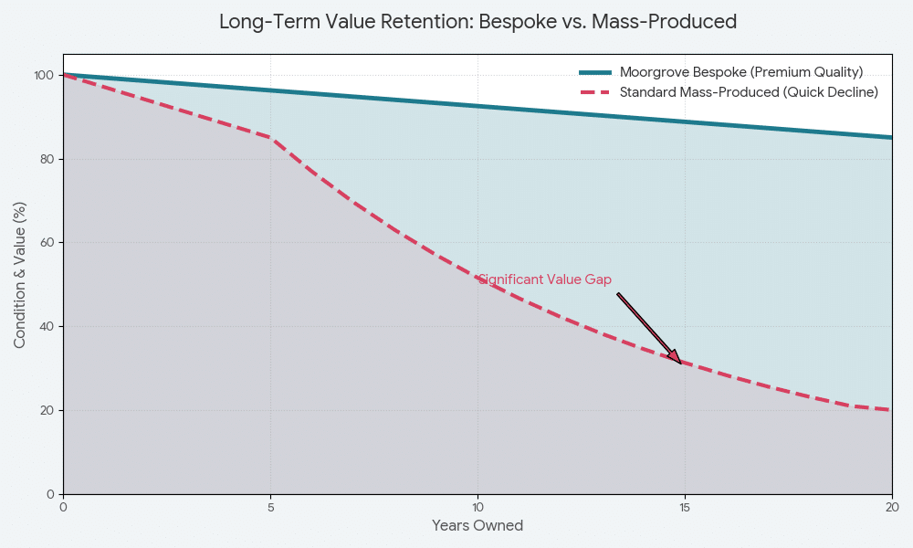 Value Retention Comparison Graph
A line graph titled "Long-Term Value Retention: Bespoke Fitted Furniture vs. Mass-Produced Furniture" comparing product value over 20 years.
Moorgrove Bespoke (Teal Line): Shows a steady, high value retention, ending at approximately 85% after 20 years.
Standard Mass-Produced (Red Dashed Line): Shows a steep decline, dropping to 50% by year 10 and ending at roughly 20% by year 20.
Visual Note: A shaded "Significant Value Gap" highlights the widening difference in quality and worth between the two over time.