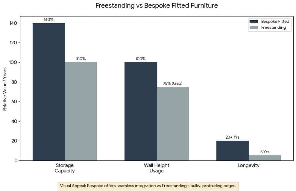 A bar chart titled Freestanding vs Bespoke Fitted Wardrobes compares the two across three key metrics. It shows that bespoke options provide 140% storage capacity compared to 100% for freestanding. Additionally, bespoke furniture utilizes 100% of wall height versus 75% for freestanding and offers a longevity of 20+ years compared to just 5 years. A footer note adds that bespoke furniture provides seamless integration, while freestanding units have bulky, protruding edges.