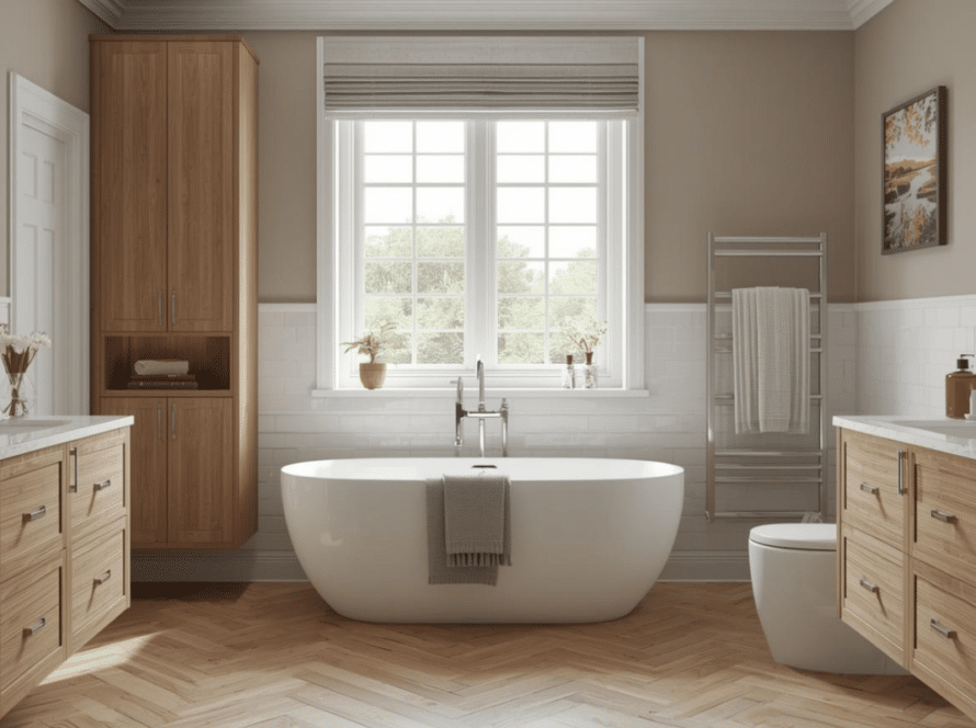 A bright bathroom featuring fitted bathroom furniture, light oak vanities, a tall storage cupboard, and a central freestanding bathtub in front of a large window. The floor is light wood herringbone, and the lower half of the walls are finished with white subway tiles.