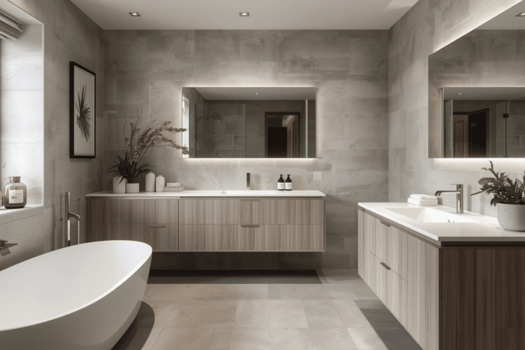 This modern fitted bathroom furniture feels high-end and spacious, featuring large format grey stone tiles on the walls and floor. Along the back, a long wood-grain vanity floats above the floor, topped with a clean white counter and an integrated sink. A large, rectangular mirror with soft backlighting hangs above it, adding a warm glow.
On the left side, a sleek, white freestanding bathtub is placed near a window to catch the light. You can see a second matching vanity unit off to the right. The space is finished with minimalist touches, including green plants and a piece of botanical art on the wall.