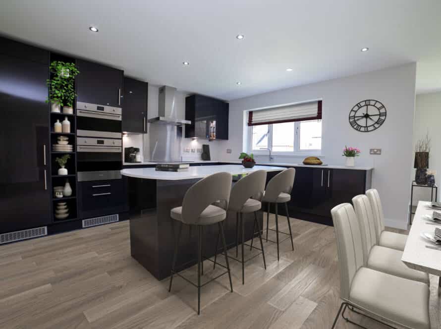 A luxury open-plan kitchen featuring dark navy high-gloss bespoke kitchen furniture, a large white island with seating, and integrated high-end appliances.