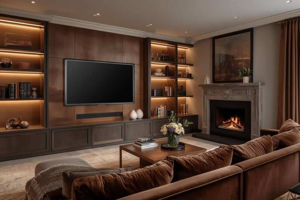 A luxurious, built-in Media Wall featuring a large wall-mounted television set against bronze metallic panels, flanked by open shelving with integrated warm LED backlighting and a traditional stone fireplace.