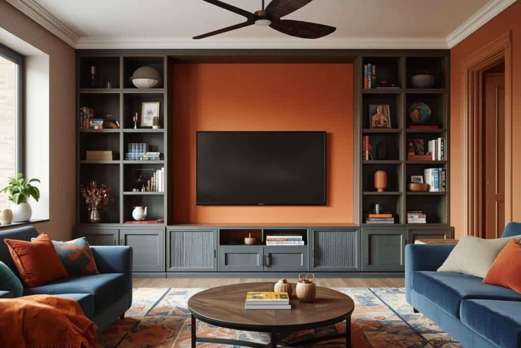 A modern floor-to-ceiling Media Wall with slate grey shelving and cabinets framing a large wall-mounted TV set against a vibrant terracotta orange background.