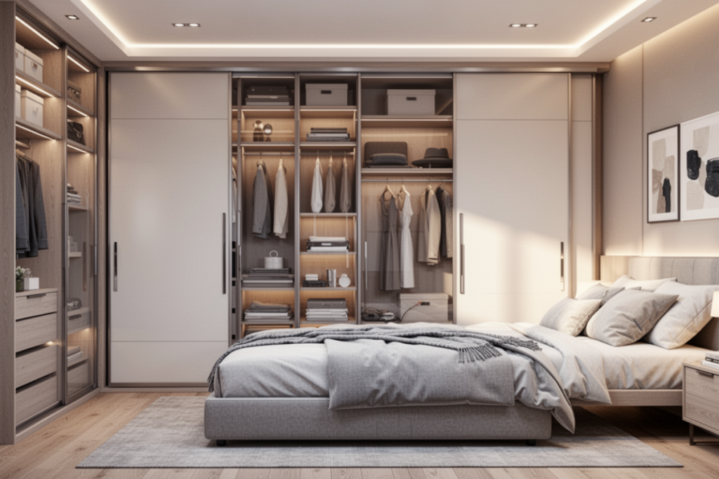 A luxury bedroom featuring integrated Sliding Door Wardrobes with neutral-toned panels and an open central section showcasing organized shelving with internal LED lighting.