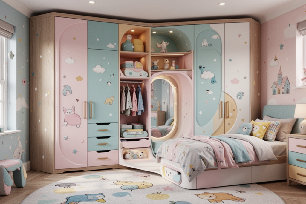 A colorful, custom-built children's wardrobe with a corner design featuring pastel pink and blue panels, integrated shelving, and a matching bed unit in a themed kid's bedroom.