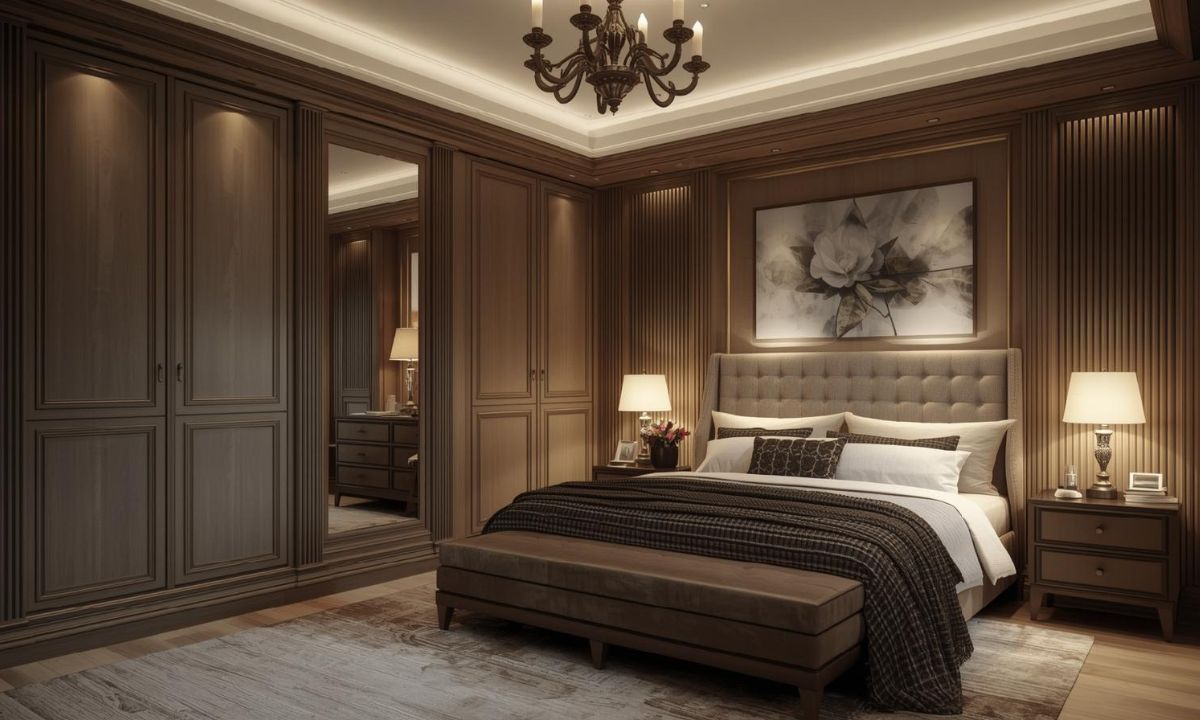 A sophisticated master bedroom showcasing luxury bespoke fitted furniture, featuring integrated floor-to-ceiling wardrobes in a rich wood finish with classical panelled detailing and a built-in full-length mirror.