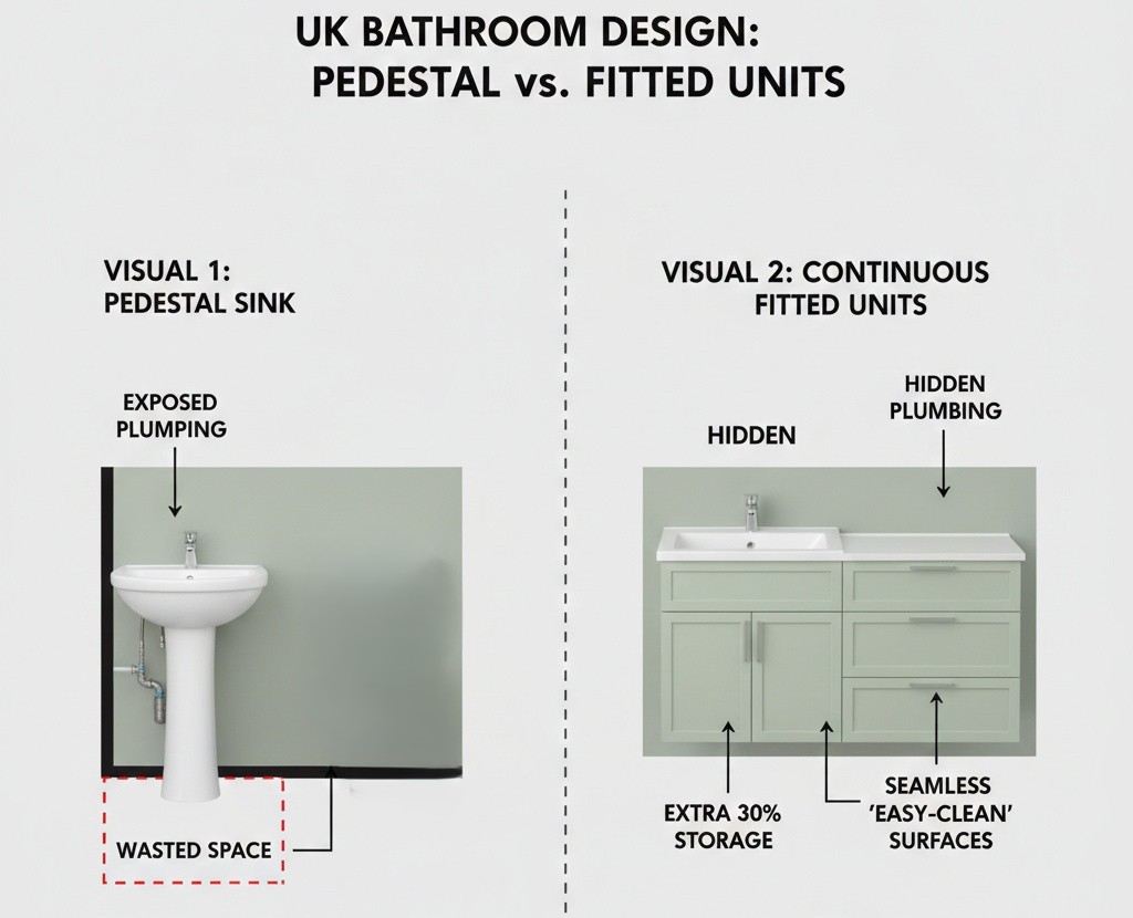 An infographic titled "UK Bathroom Design: Pedestal vs. Fitted Units" comparing two bathroom layouts. The left side, "Visual 1: Pedestal Sink," shows a standalone sink and toilet with callouts for "Exposed Plumbing" and a red dashed box & black line indicating "Wasted Space" on the floor. The right side, "Visual 2: Continuous Fitted Units," displays a seamless run of sage green cabinetry housing the sink. Callouts highlight "Hidden Plumbing," "Extra 30% Storage" in the drawers and cupboards, and "Seamless 'Easy-Clean' Surfaces" along the countertop.
