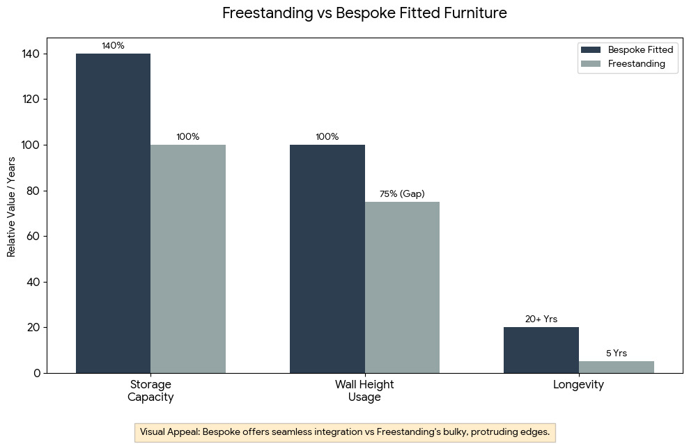 A bar chart titled Freestanding vs Bespoke Fitted Wardrobes compares the two across three key metrics. It shows that bespoke options provide 140% storage capacity compared to 100% for freestanding. Additionally, bespoke furniture utilizes 100% of wall height versus 75% for freestanding and offers a longevity of 20+ years compared to just 5 years. A footer note adds that bespoke furniture provides seamless integration, while freestanding units have bulky, protruding edges.