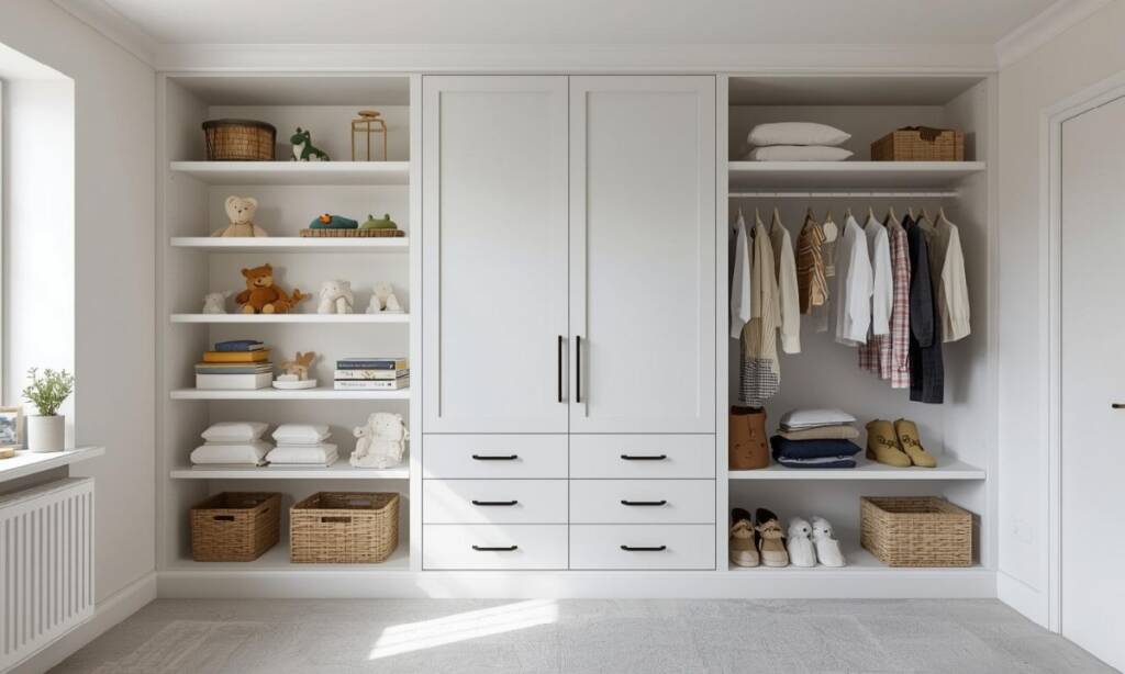 A bright and modern room featuring white bespoke fitted wardrobes built into the wall. The functional design includes a central double-door cabinet and drawers with sleek black handles, flanked by open shelving filled with children's toys, stuffed animals, books, and neatly organized clothing.