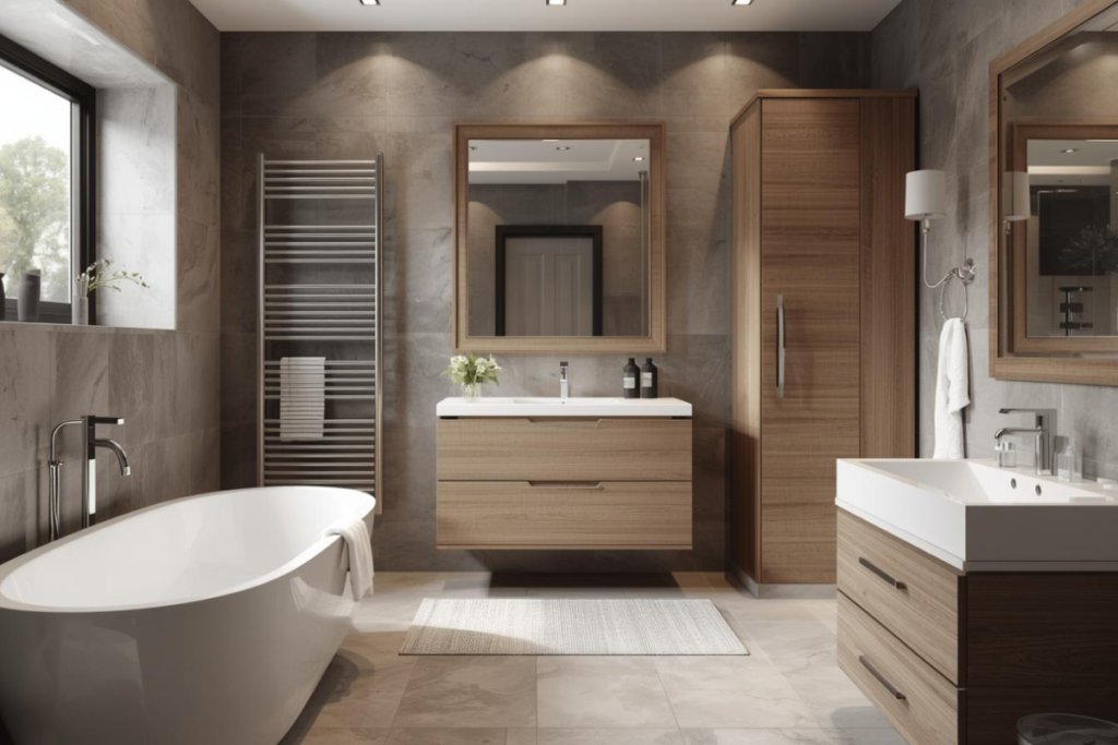 A high-end Fitted Bathroom Furniture featuring warm wood-grain furniture and grey stone tiling. A floating vanity with two large drawers sits centered under a framed mirror, flanked by a tall matching storage cabinet. On the left is a white freestanding bathtub and a sleek chrome towel radiator, while a second vanity is positioned on the right side of the room.