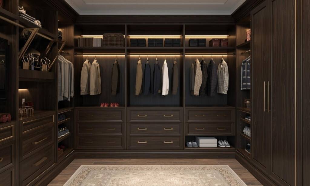 A luxury walk in dressing room featuring dark wood, bespoke fitted wardrobes with integrated warm LED strip lighting. The custom cabinetry includes a mix of open hanging rails for shirts and jackets, specialized shelving for accessories, and deep drawers with elegant brass handles, all organized on a plush patterned area rug.