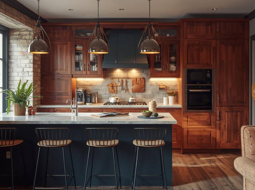 A luxurious kitchen featuring handcrafted bespoke kitchen furniture with rich cherry wood cabinetry, a dark navy blue central island with a white marble countertop, and industrial pendant lighting over three bar stools.