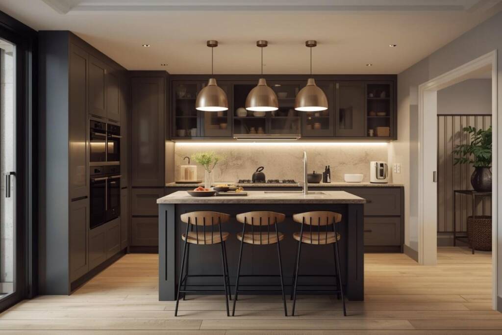 A modern dark grey kitchen featuring custom bespoke kitchen furniture, a central kitchen island with a stone countertop, three wood-seated bar stools, and three brushed gold pendant lights.