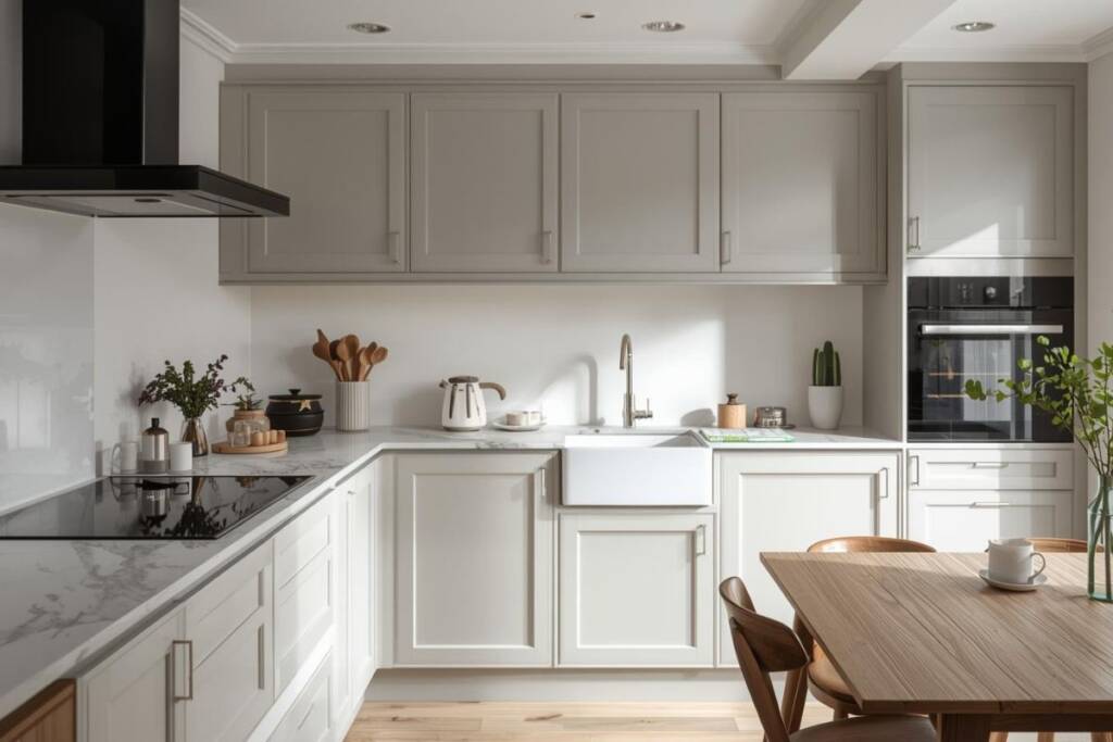 Bright and airy kitchen featuring off-white bespoke kitchen furniture with Shaker-style cabinets, a white farmhouse apron sink, marble countertops, and a wooden dining table in the foreground.