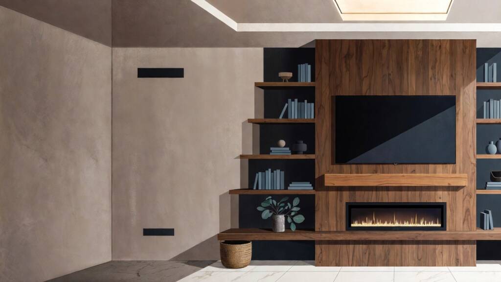 A luxury media wall featuring natural wood vertical paneling, an integrated electric fireplace, and a large flat-screen TV flanked by charcoal-colored open shelving.