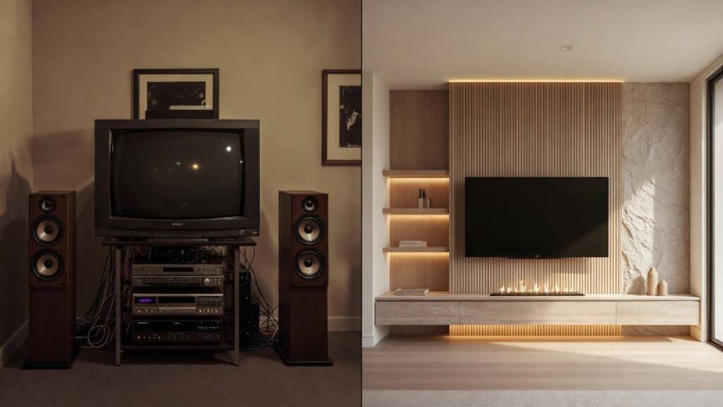 A side-by-side comparison of a cluttered 1990s entertainment center versus a modern, minimalist media wall with slatted wood paneling and integrated lighting.
