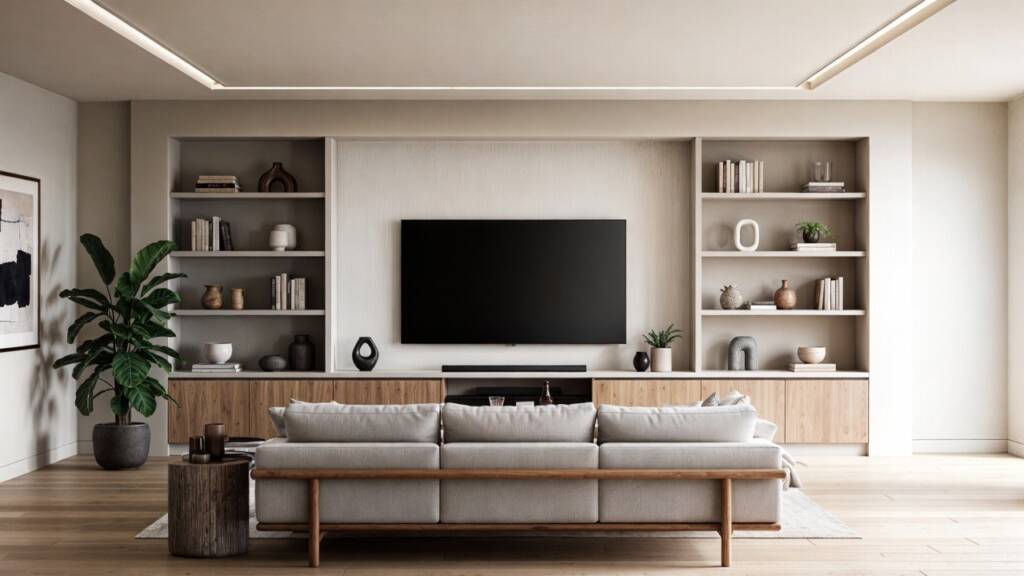 A sophisticated, minimalist media wall featuring an integrated flat-screen TV, open symmetrical shelving, and natural wood base cabinetry in a neutral living room.