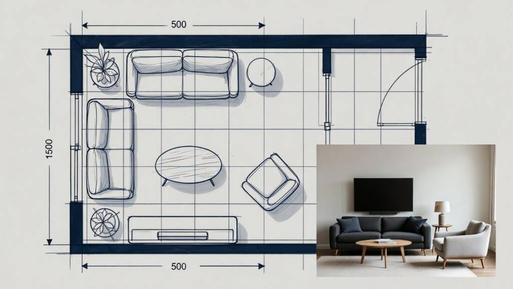 A technical architectural floor plan alongside a 3D visualization showing the optimal placement of a media wall and seating in a living room.