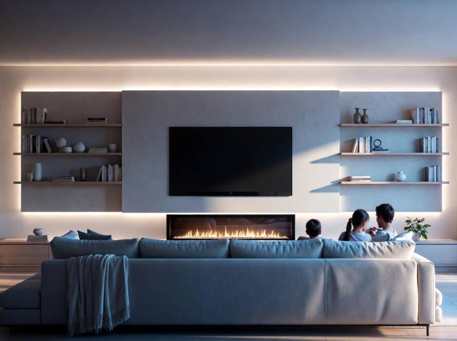 A modern custom-built media wall featuring a three-door sliding wardrobe with a monochrome black and white panel design.