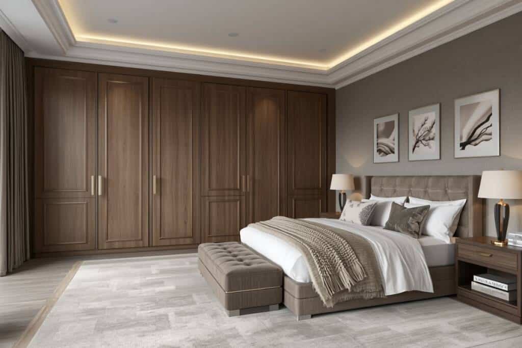 High-end fitted furniture featuring floor-to-ceiling wardrobes with elegant paneling in a luxury bedroom.