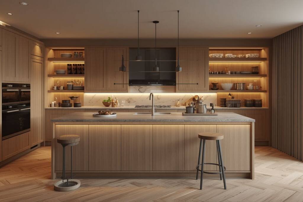 Luxury fitted furniture in a bespoke kitchen featuring a integrated ambient shelf lighting.