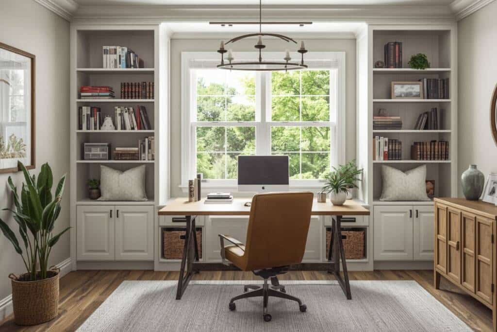 Sophisticated home office featuring white fitted furniture and custom study furniture, including symmetrical floor-to-ceiling bookcases framing a bright window