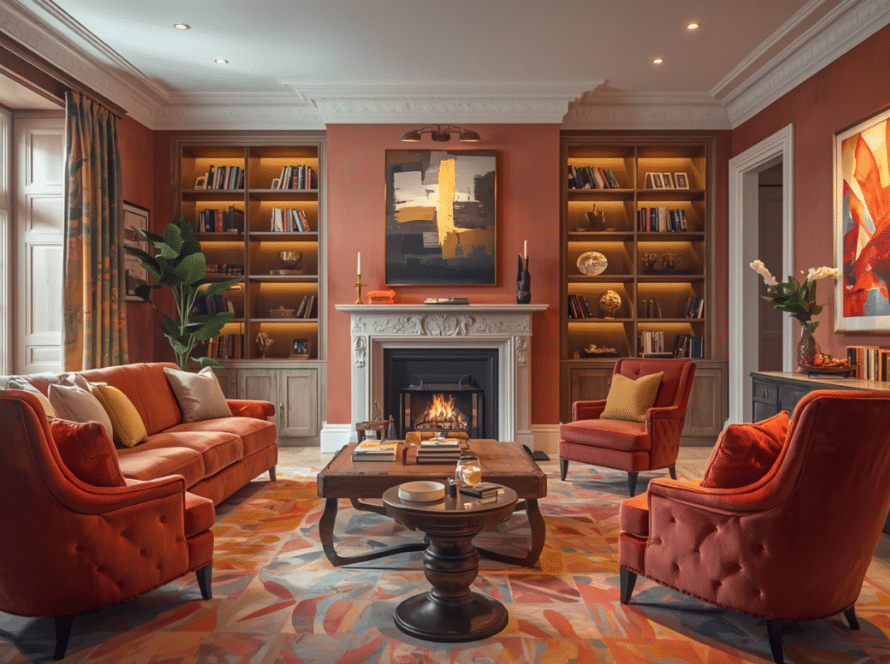A luxurious living room featuring custom wooden fitted furniture alcove bookcases with integrated lighting flanking a classic white fireplace.