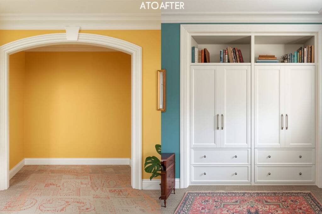 Before and after renovation showing an empty mustard-yellow archway transformed into a built-in closet with white fitted furniture, complete with doors, drawers, and upper bookshelves.